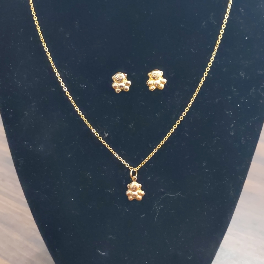 Gold Teddy Bear Earring & Necklace Set